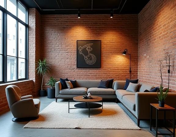 Industrial-chic loft with exposed brick and modern furniture.